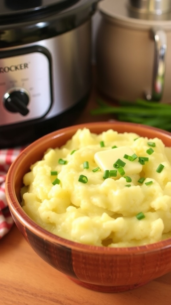 Creamy mashed potatoes in a bowl with butter and chives, with a crock pot in the background.